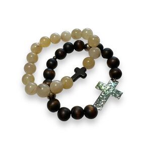 Unisex Set of 2 Beaded Cross Religious Christian Stretch Bracelets